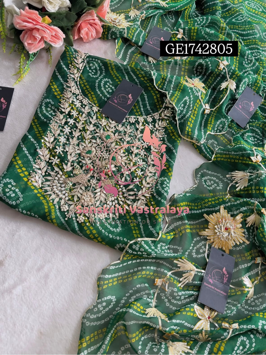 GEORGETTE Zardozi Handwork 3pc  GREEN  UNSTICHED Suit jaipuri GOTA PATTI  GE1742805