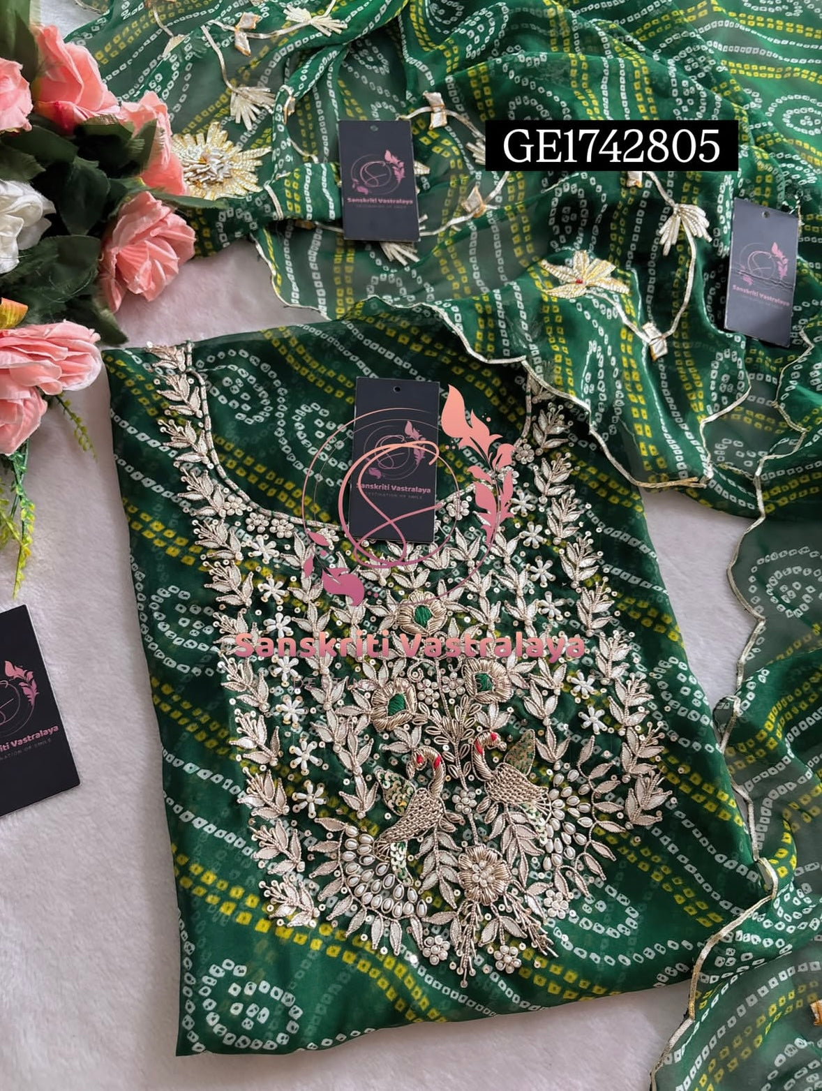 GEORGETTE Zardozi Handwork 3pc  GREEN  UNSTICHED Suit jaipuri GOTA PATTI  GE1742805