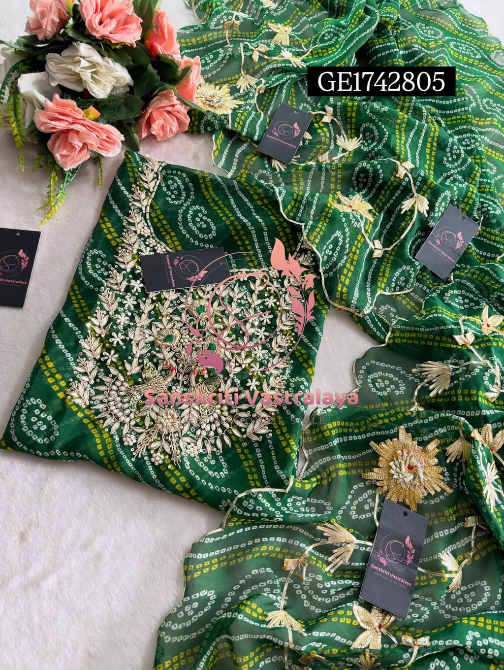 GEORGETTE Zardozi Handwork 3pc  GREEN  UNSTICHED Suit jaipuri GOTA PATTI  GE1742805