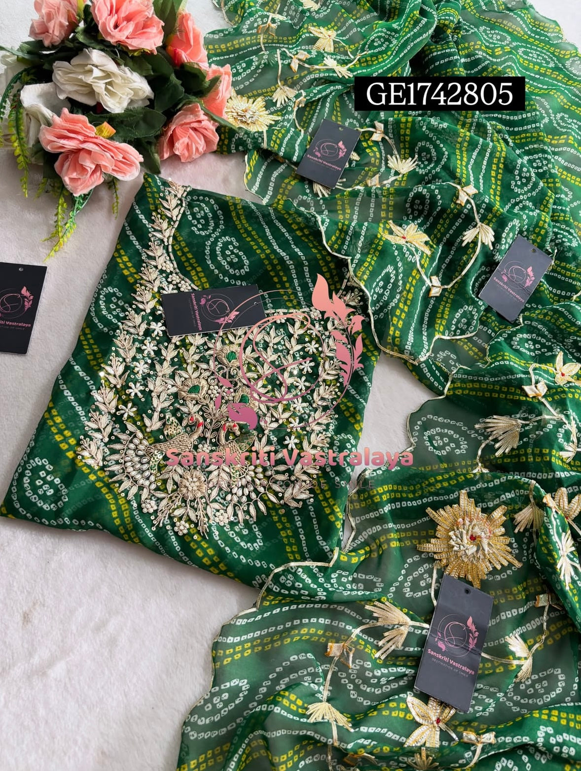 GEORGETTE Zardozi Handwork 3pc  GREEN  UNSTICHED Suit jaipuri GOTA PATTI  GE1742805