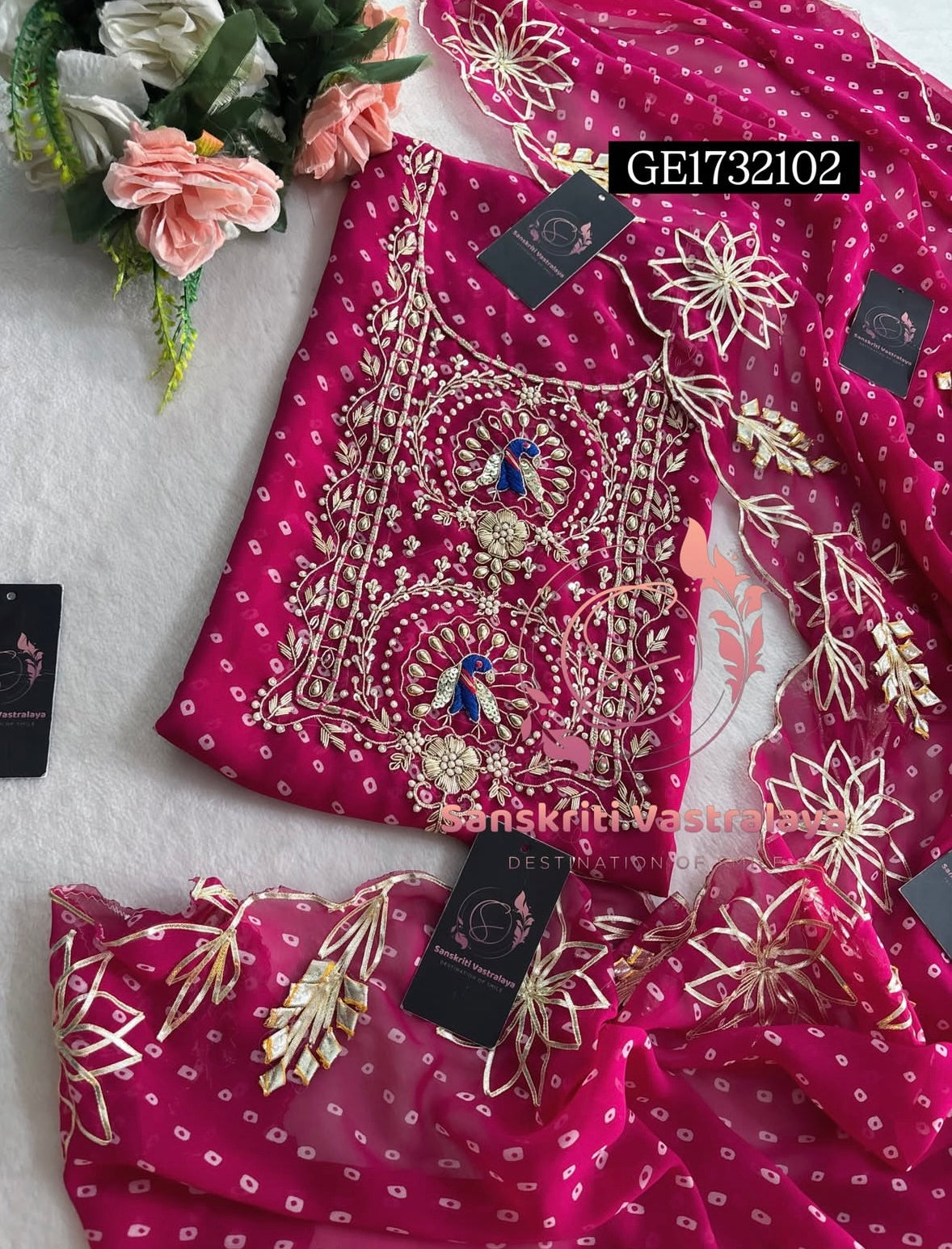 GEORGETTE Zardozi Handwork 3pc  PINK UNSTICHED Suit jaipuri GOTA PATTI  GE1732102