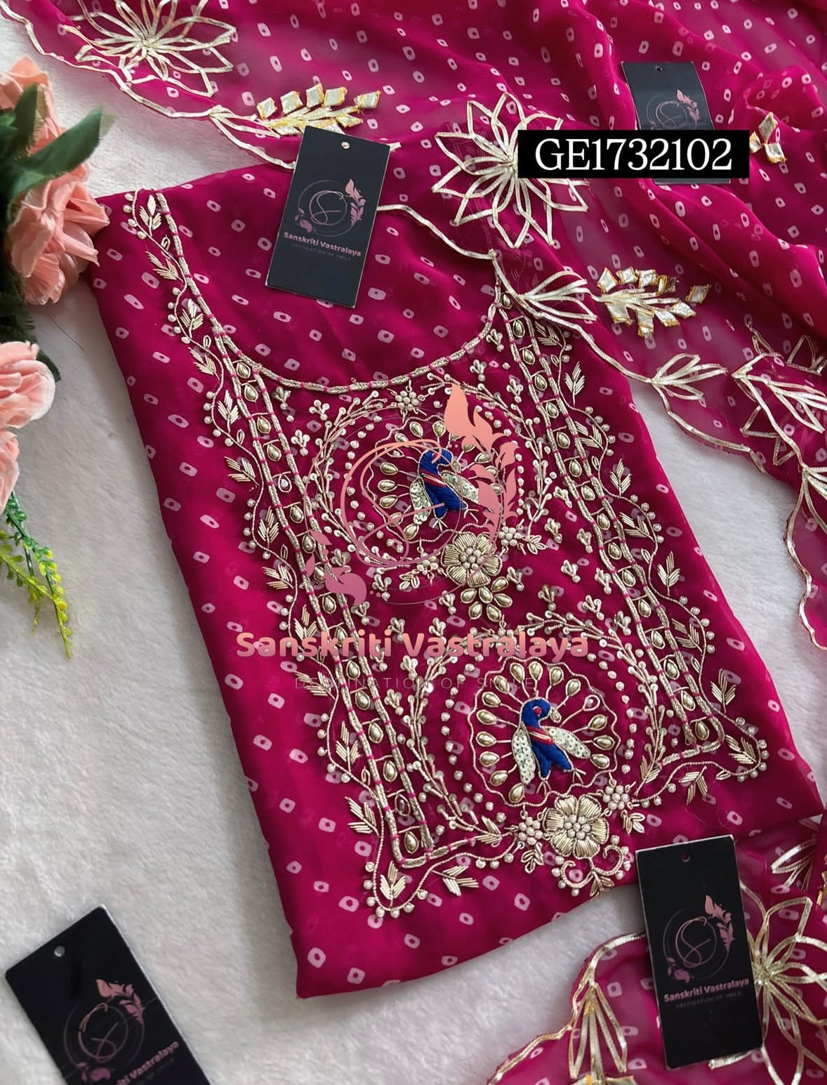 GEORGETTE Zardozi Handwork 3pc  PINK UNSTICHED Suit jaipuri GOTA PATTI  GE1732102