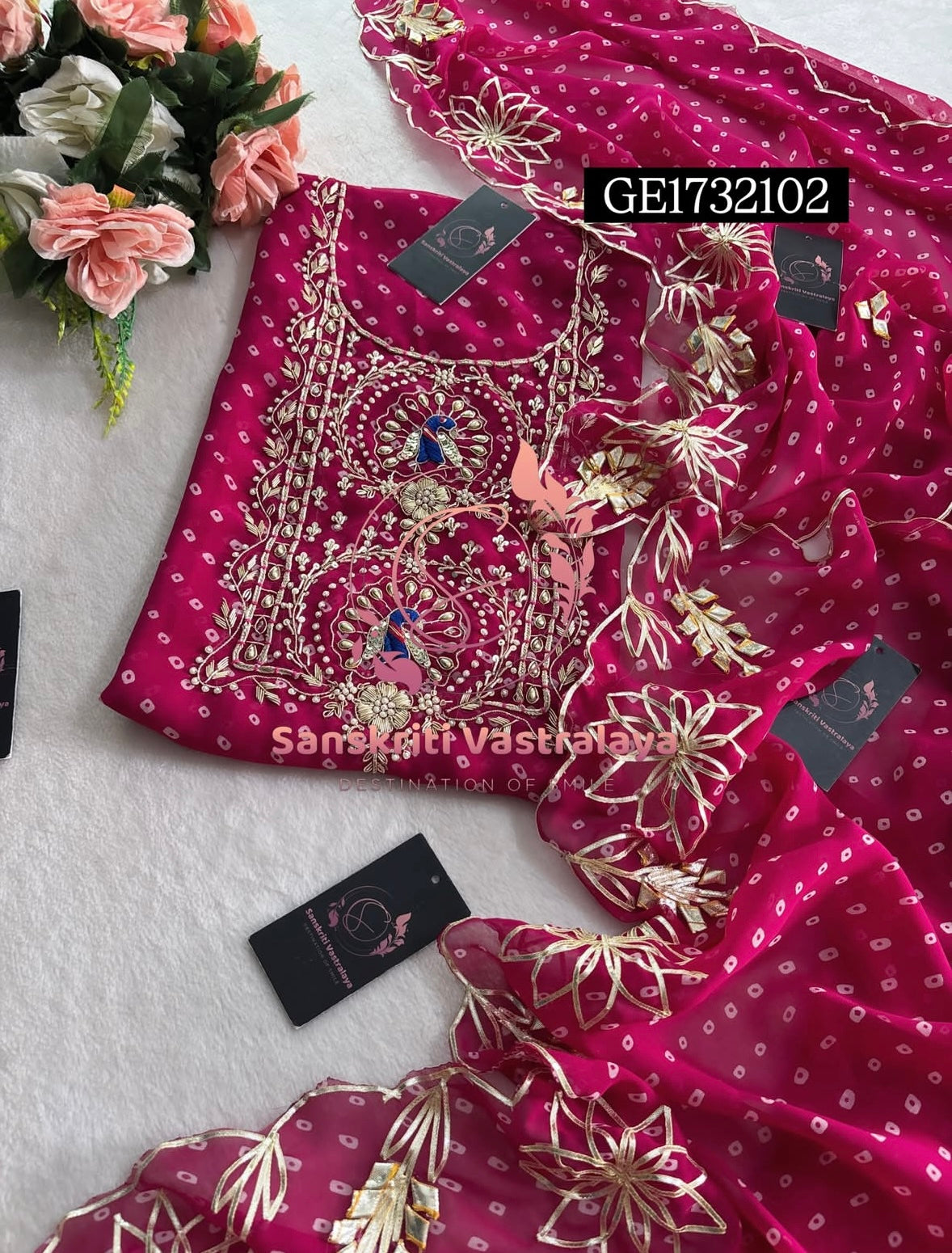 GEORGETTE Zardozi Handwork 3pc  PINK UNSTICHED Suit jaipuri GOTA PATTI  GE1732102