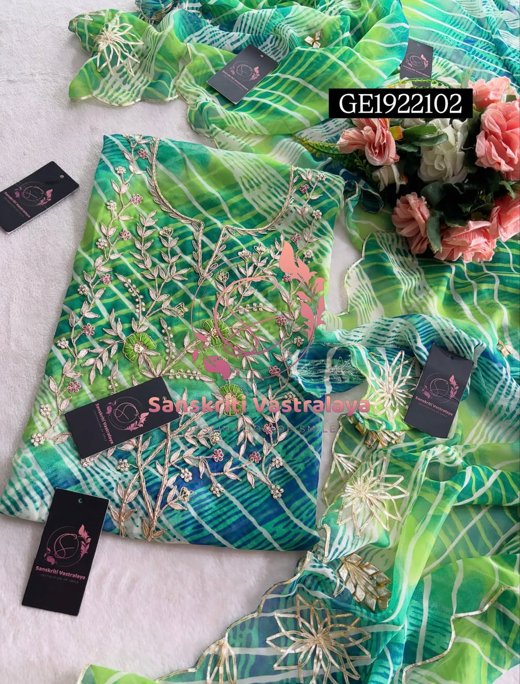 GEORGETTE Zardozi Handwork 3pc  multi GREEN  UNSTICHED Suit jaipuri GOTA PATTI  GE1922102
