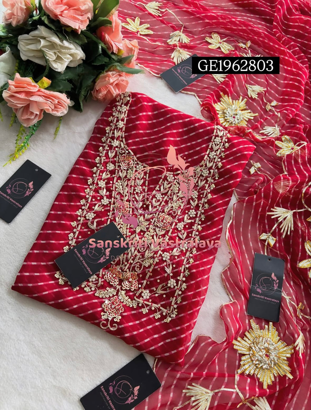 GEORGETTE Zardozi Handwork 3pc RED  UNSTICHED Suit jaipuri GOTA PATTI  GE1962803