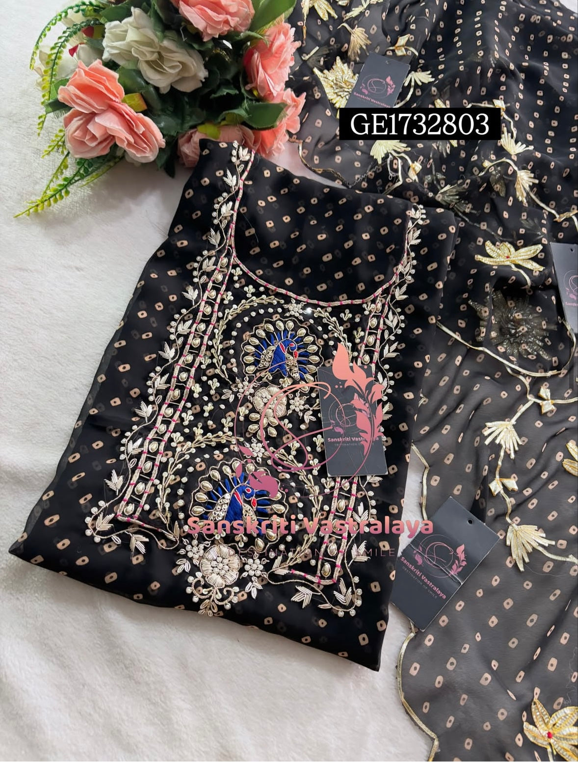 GEORGETTE Zardozi Handwork 3pc  BLACK UNSTICHED Suit Jaipuri GOTA PATTI GE1732803