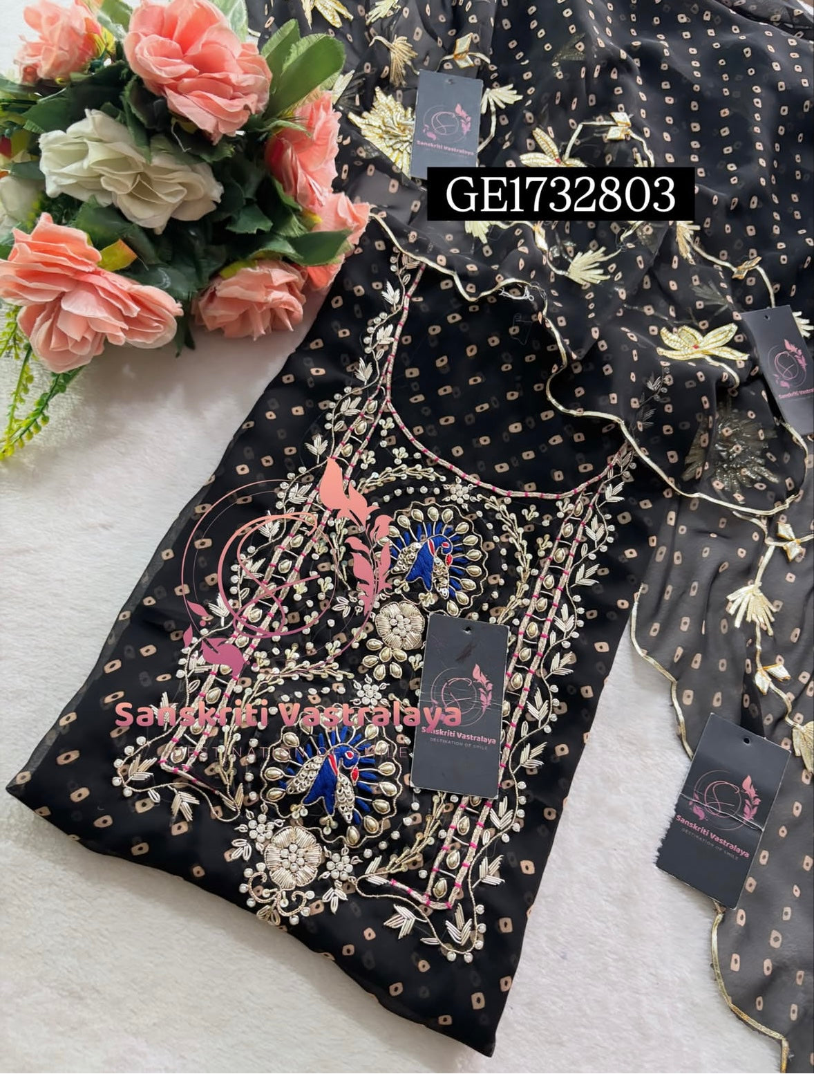 GEORGETTE Zardozi Handwork 3pc  BLACK UNSTICHED Suit Jaipuri GOTA PATTI GE1732803