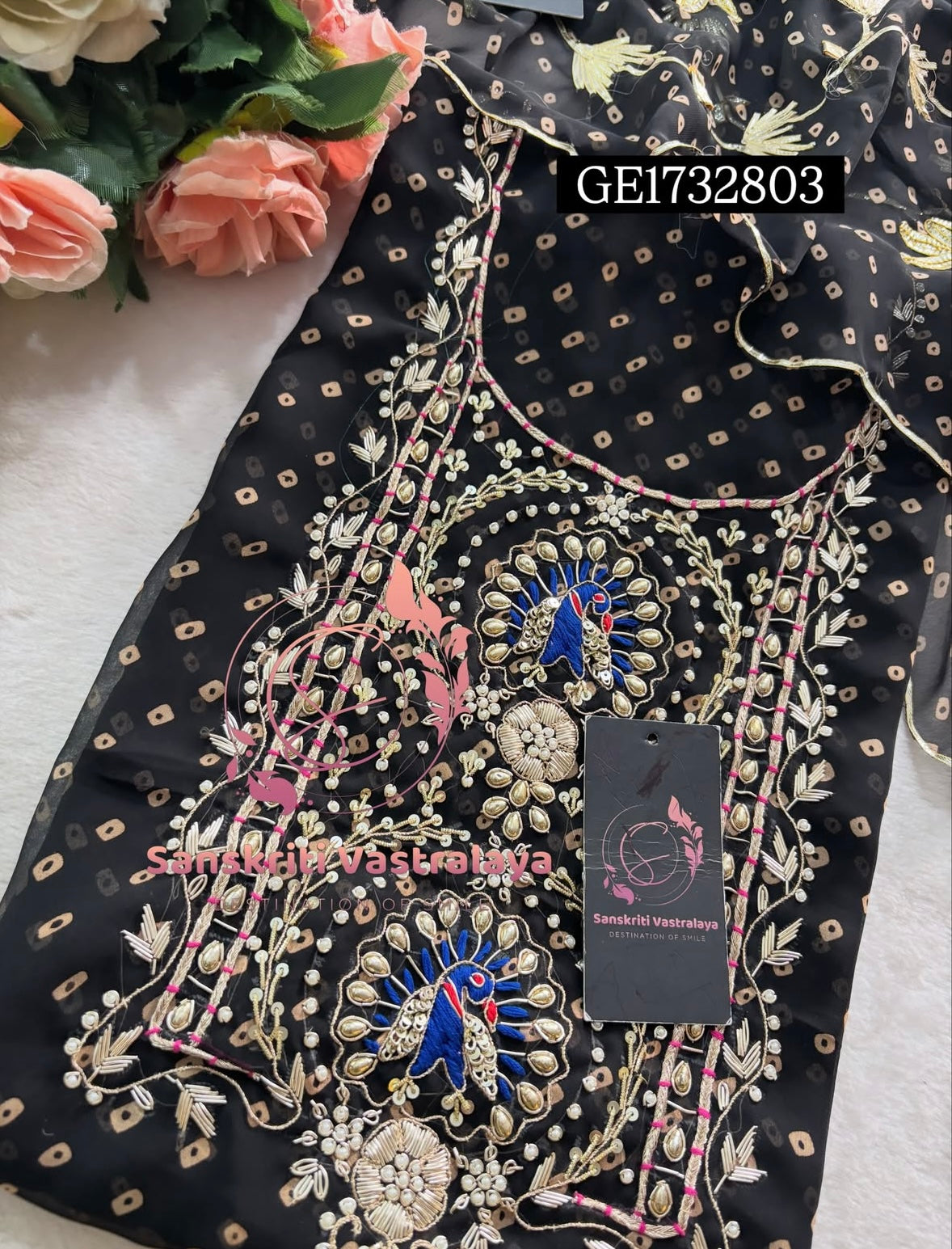 GEORGETTE Zardozi Handwork 3pc  BLACK UNSTICHED Suit Jaipuri GOTA PATTI GE1732803