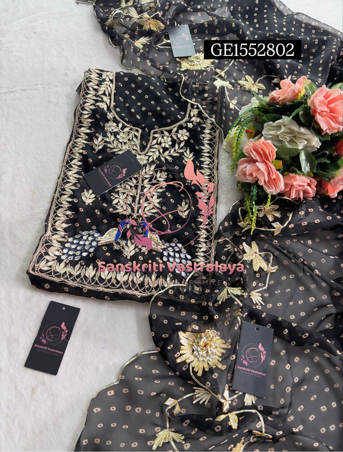 GEORGETTE Zardozi Handwork 3pc  BLACK UNSTICHED Suit Jaipuri GOTA PATTI GE1552802