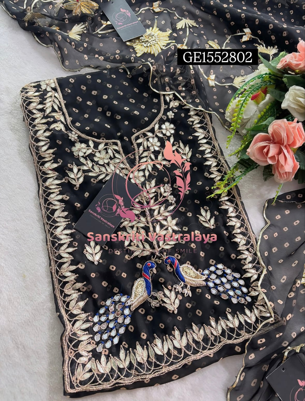 GEORGETTE Zardozi Handwork 3pc  BLACK UNSTICHED Suit Jaipuri GOTA PATTI GE1552802