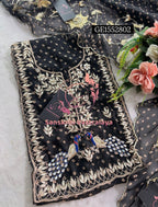 GEORGETTE Zardozi Handwork 3pc  BLACK UNSTICHED Suit Jaipuri GOTA PATTI GE1552802