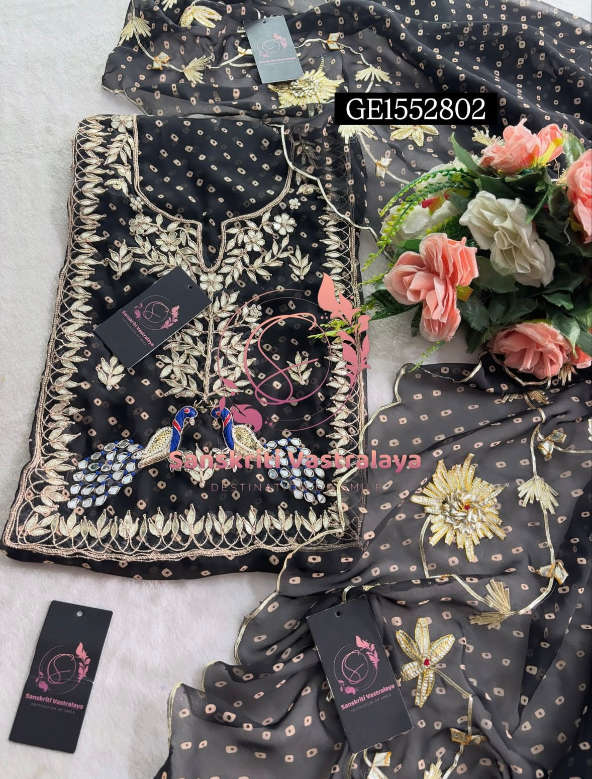 GEORGETTE Zardozi Handwork 3pc  BLACK UNSTICHED Suit Jaipuri GOTA PATTI GE1552802