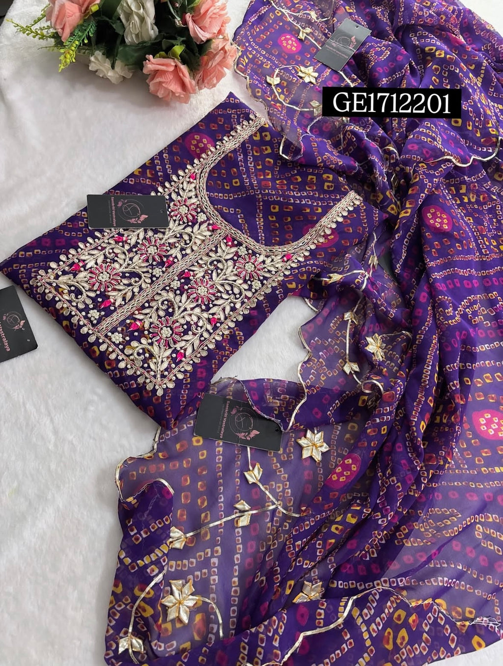 GEORGETTE Zardozi Handwork 3pc PURPLE  UNSTICHED Suit jaipuri GOTA PATTI  GE1712201