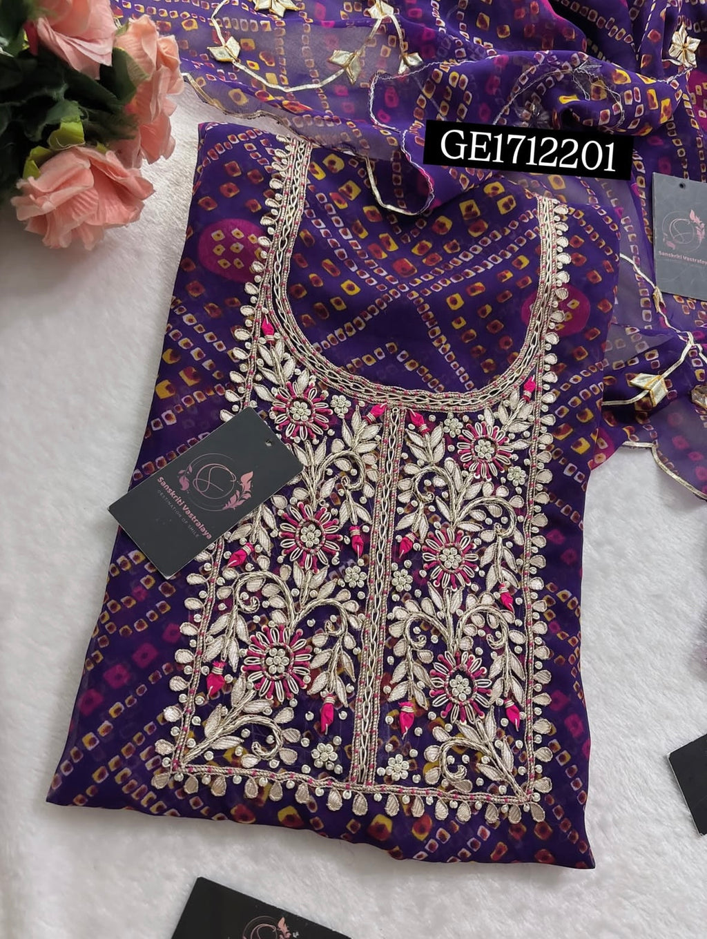 GEORGETTE Zardozi Handwork 3pc PURPLE  UNSTICHED Suit jaipuri GOTA PATTI  GE1712201