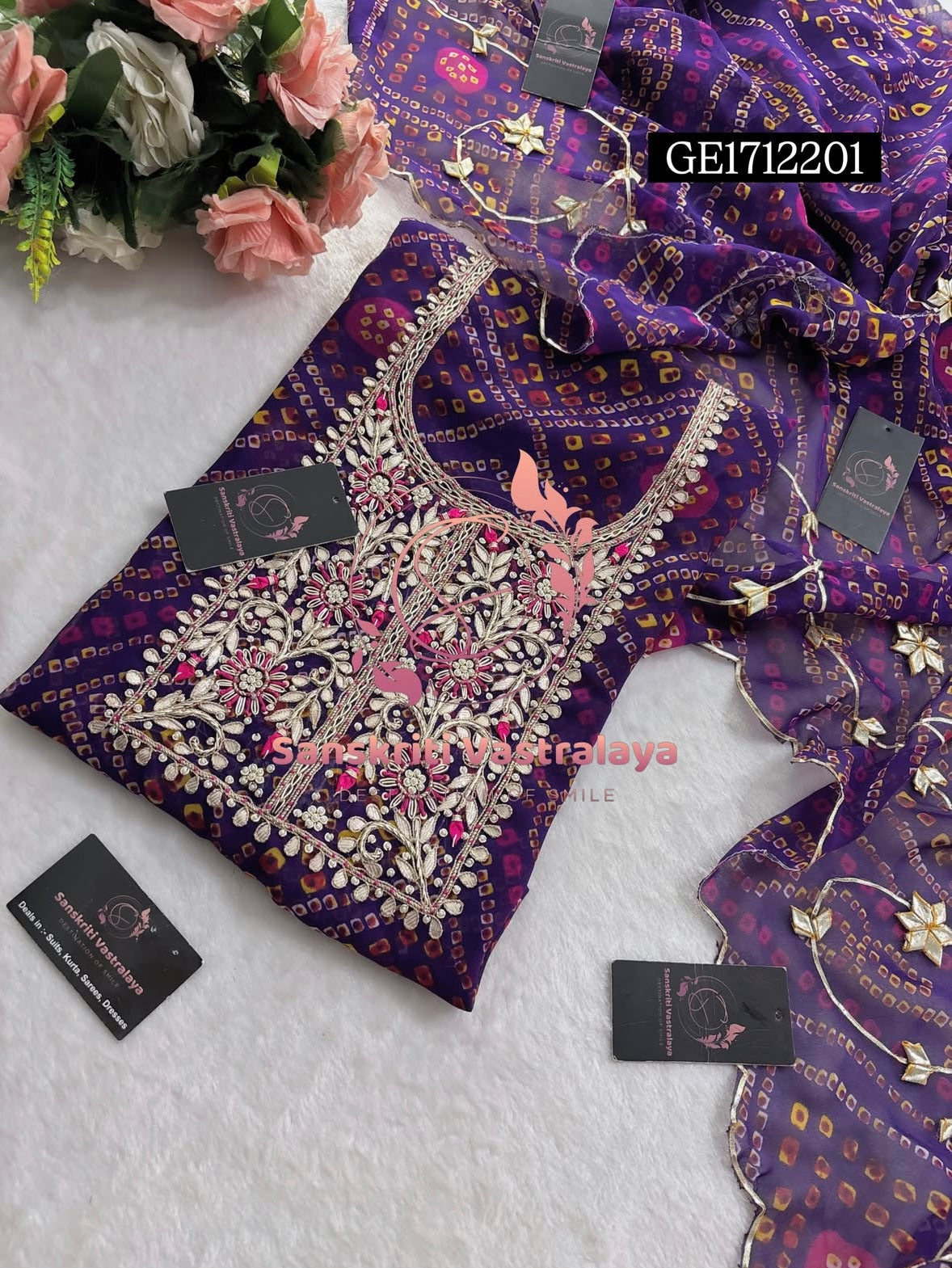 GEORGETTE Zardozi Handwork 3pc PURPLE  UNSTICHED Suit jaipuri GOTA PATTI  GE1712201