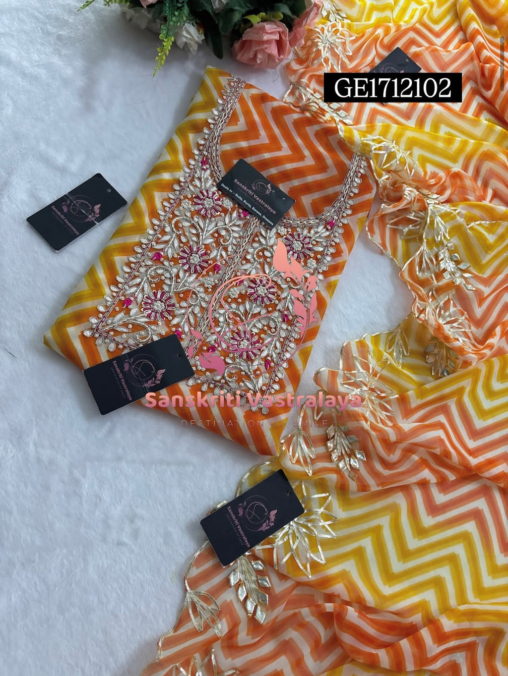 GEORGETTE Zardozi Handwork 3pc ORANGE MULTI  UNSTICHED Suit jaipuri GOTA PATTI  GE1712102