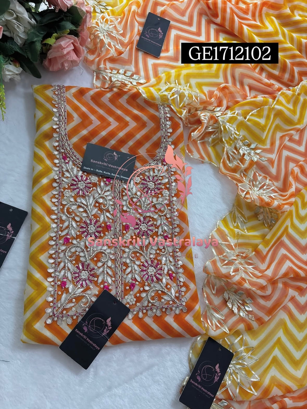 GEORGETTE Zardozi Handwork 3pc ORANGE MULTI  UNSTICHED Suit jaipuri GOTA PATTI  GE1712102