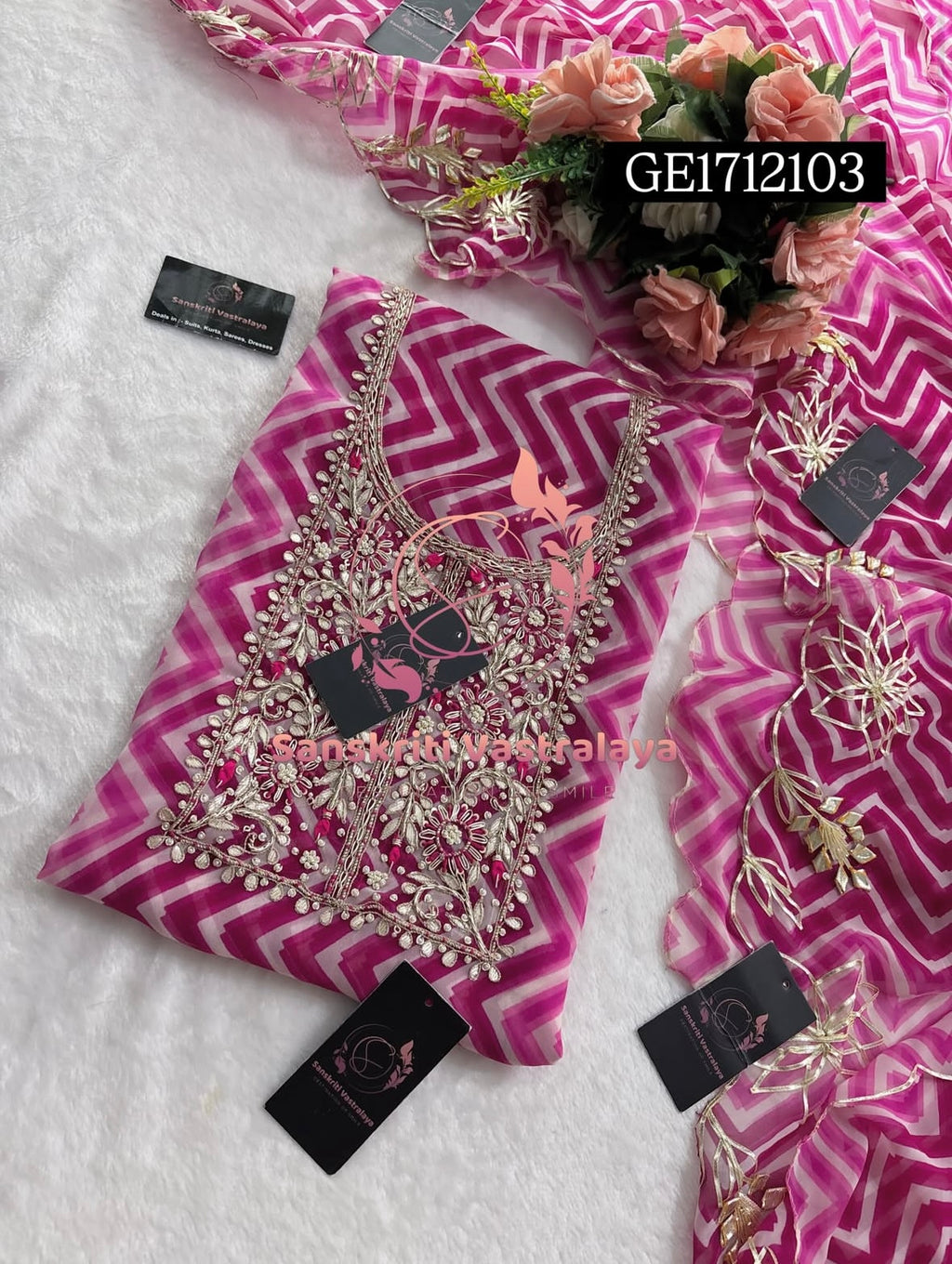 GEORGETTE Zardozi Handwork 3pc PINK MULTI   UNSTICHED Suit jaipuri GOTA PATTI  GE1712103