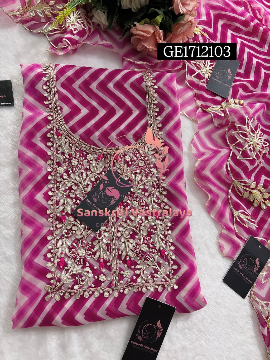 GEORGETTE Zardozi Handwork 3pc PINK MULTI   UNSTICHED Suit jaipuri GOTA PATTI  GE1712103