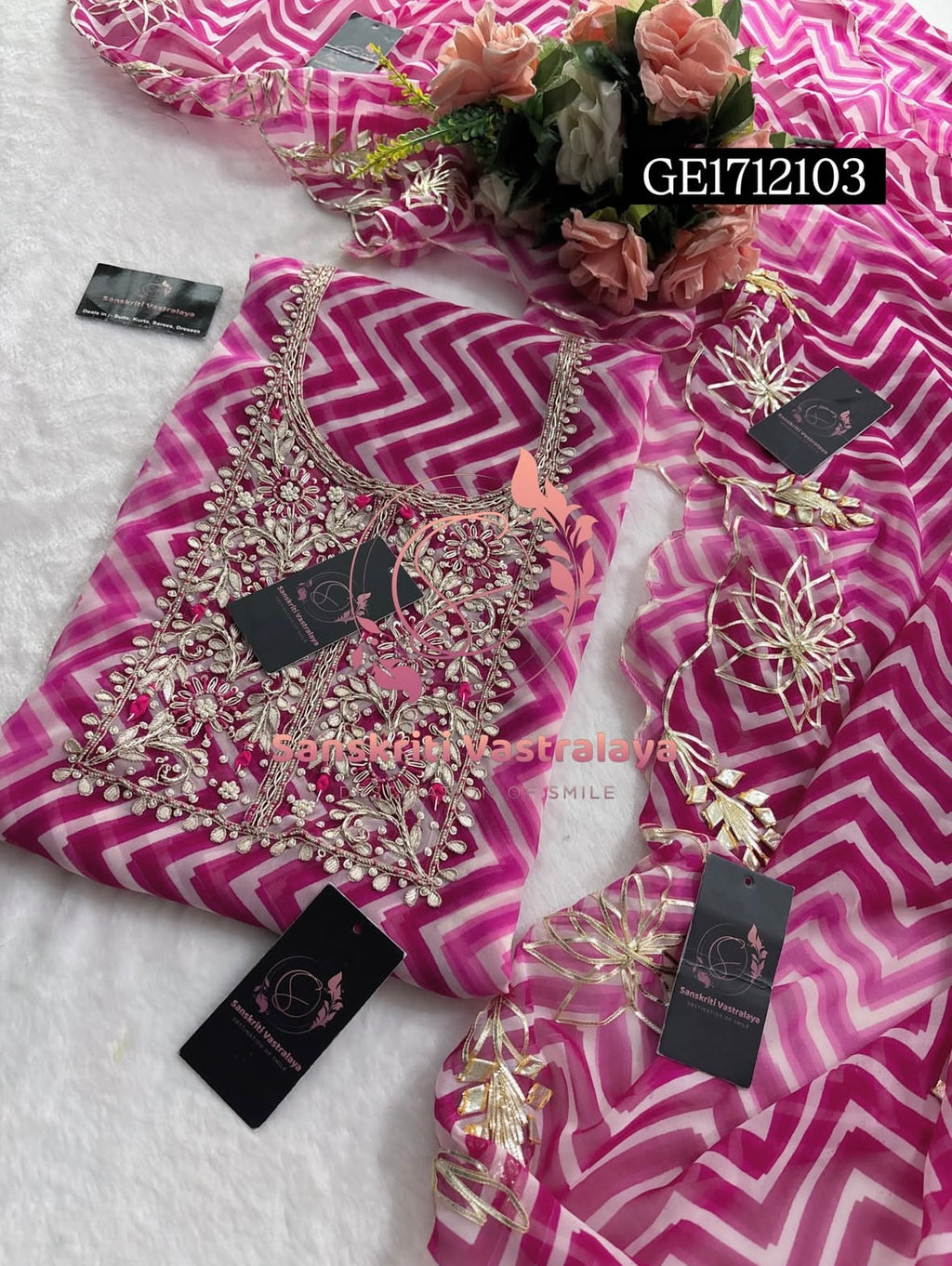 GEORGETTE Zardozi Handwork 3pc PINK MULTI   UNSTICHED Suit jaipuri GOTA PATTI  GE1712103