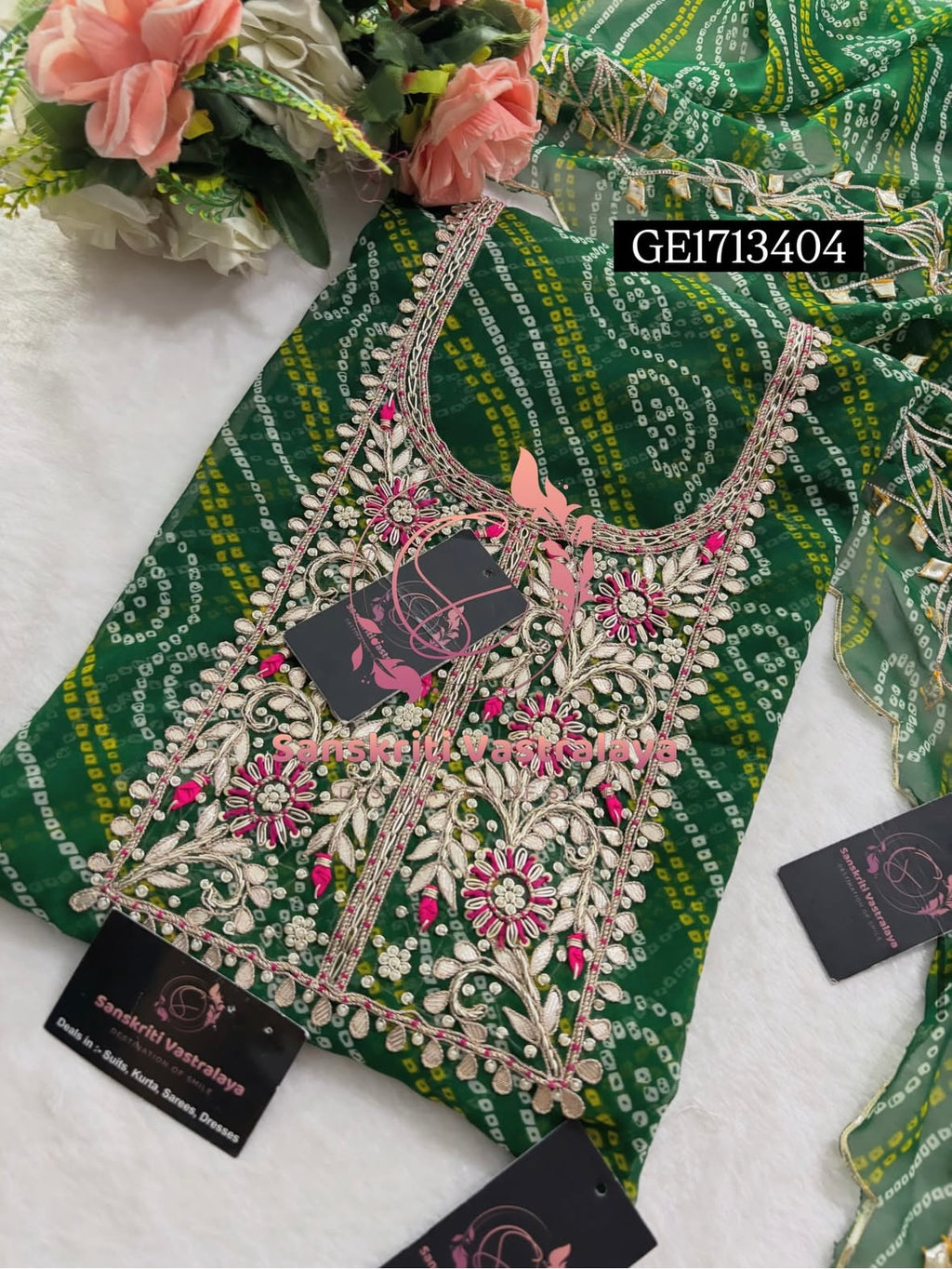 GEORGETTE Zardozi Handwork 3pc GREEN  UNSTICHED Suit jaipuri GOTA PATTI  GE1713404