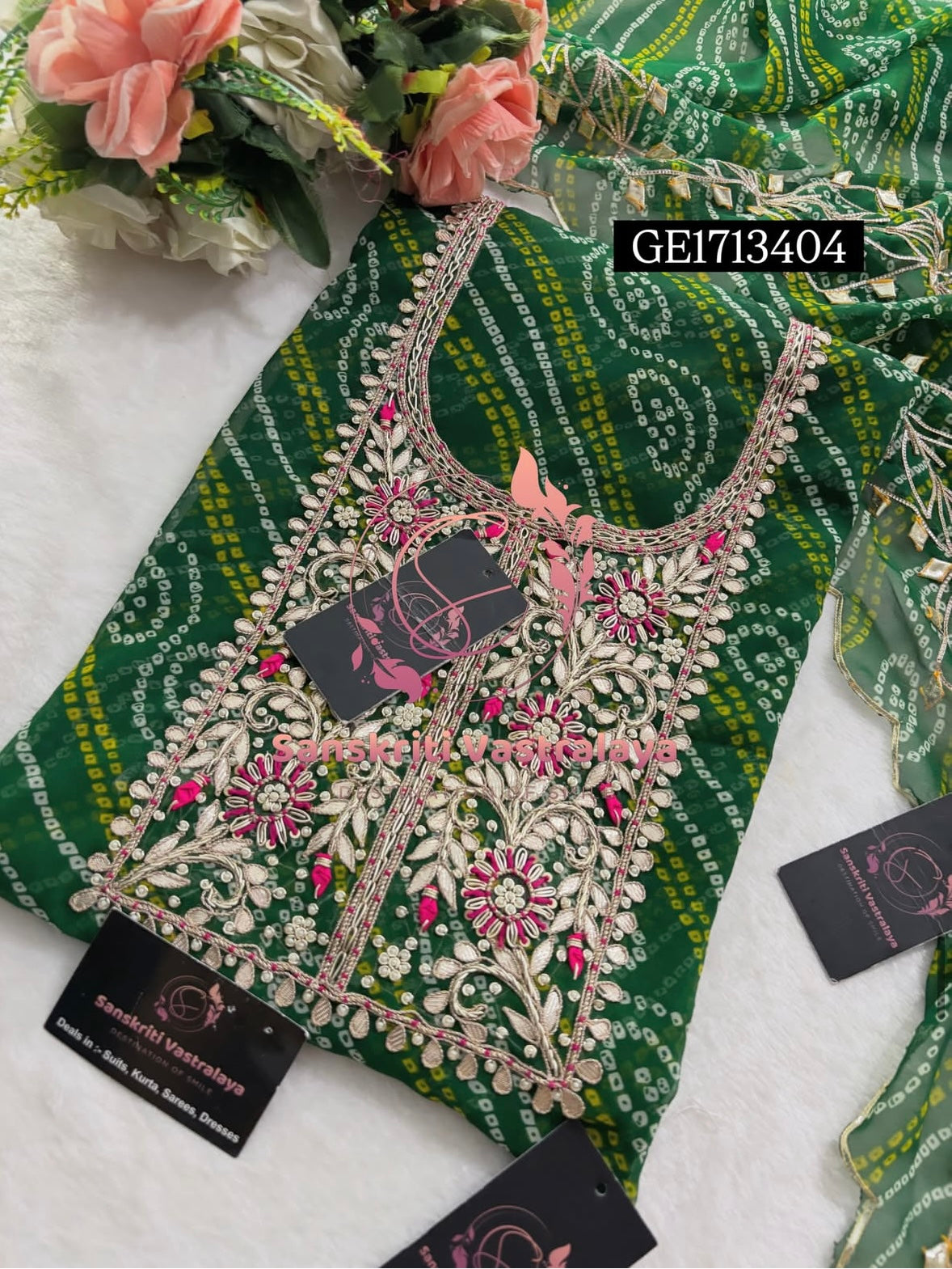 GEORGETTE Zardozi Handwork 3pc GREEN  UNSTICHED Suit jaipuri GOTA PATTI  GE1713404