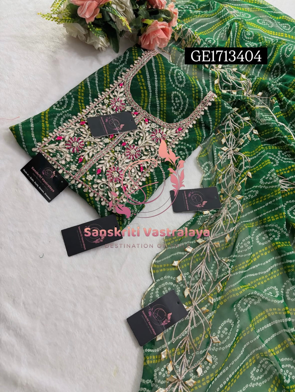 GEORGETTE Zardozi Handwork 3pc GREEN  UNSTICHED Suit jaipuri GOTA PATTI  GE1713404