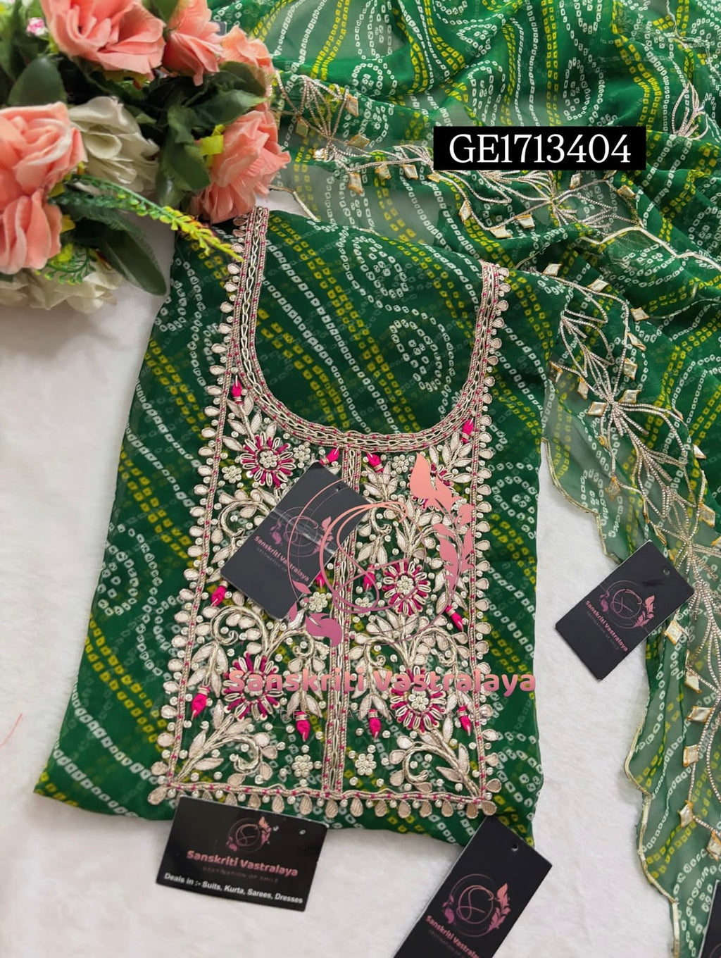 GEORGETTE Zardozi Handwork 3pc GREEN  UNSTICHED Suit jaipuri GOTA PATTI  GE1713404