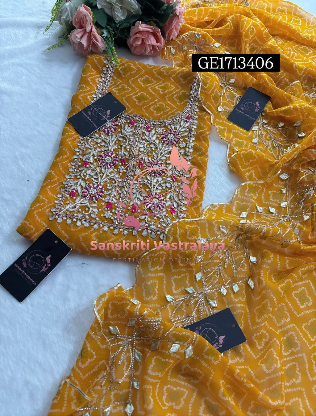 GEORGETTE Zardozi Handwork 3pc MUSTURD YELLOW  UNSTICHED Suit jaipuri GOTA PATTI  GE1713406