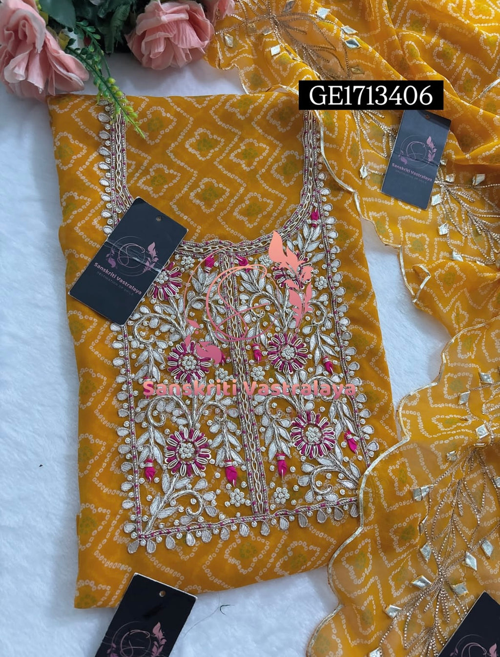 GEORGETTE Zardozi Handwork 3pc MUSTURD YELLOW  UNSTICHED Suit jaipuri GOTA PATTI  GE1713406