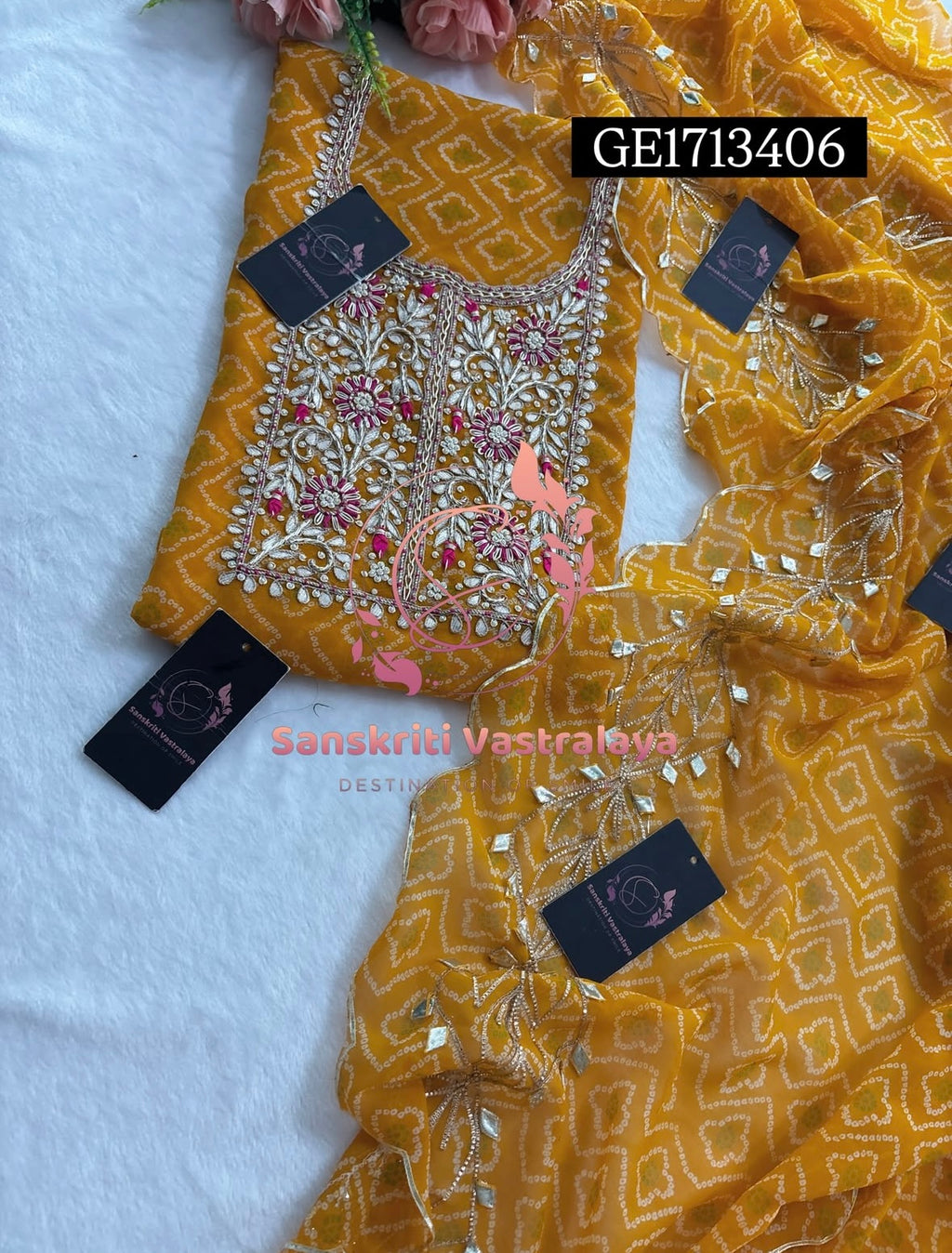 GEORGETTE Zardozi Handwork 3pc MUSTURD YELLOW  UNSTICHED Suit jaipuri GOTA PATTI  GE1713406