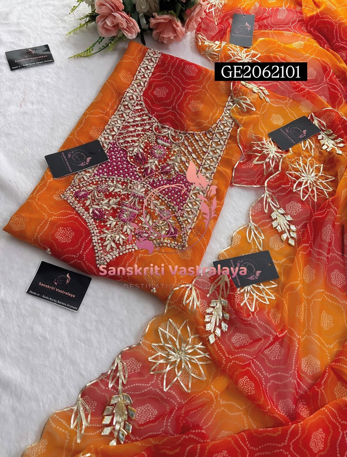 GEORGETTE Zardozi Handwork 3pc ORANGE UNSTICHED Suit jaipuri GOTA PATTI  GE2062101