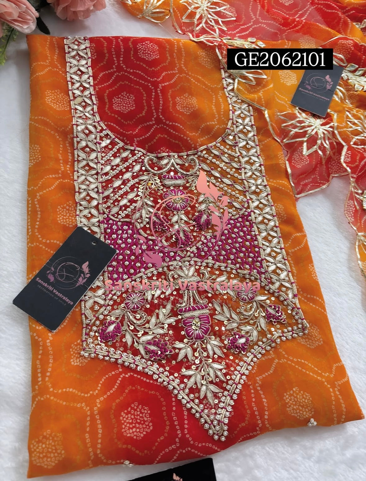 GEORGETTE Zardozi Handwork 3pc ORANGE UNSTICHED Suit jaipuri GOTA PATTI  GE2062101