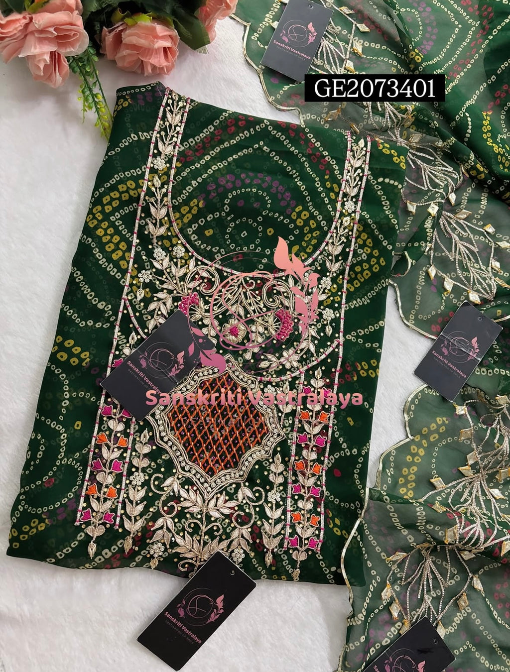 GEORGETTE Zardozi Handwork 3pc GREEN UNSTICHED Suit jaipuri GOTA PATTI  GE2073401