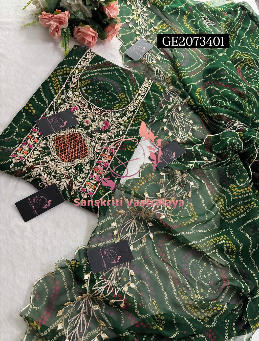 GEORGETTE Zardozi Handwork 3pc GREEN UNSTICHED Suit jaipuri GOTA PATTI  GE2073401