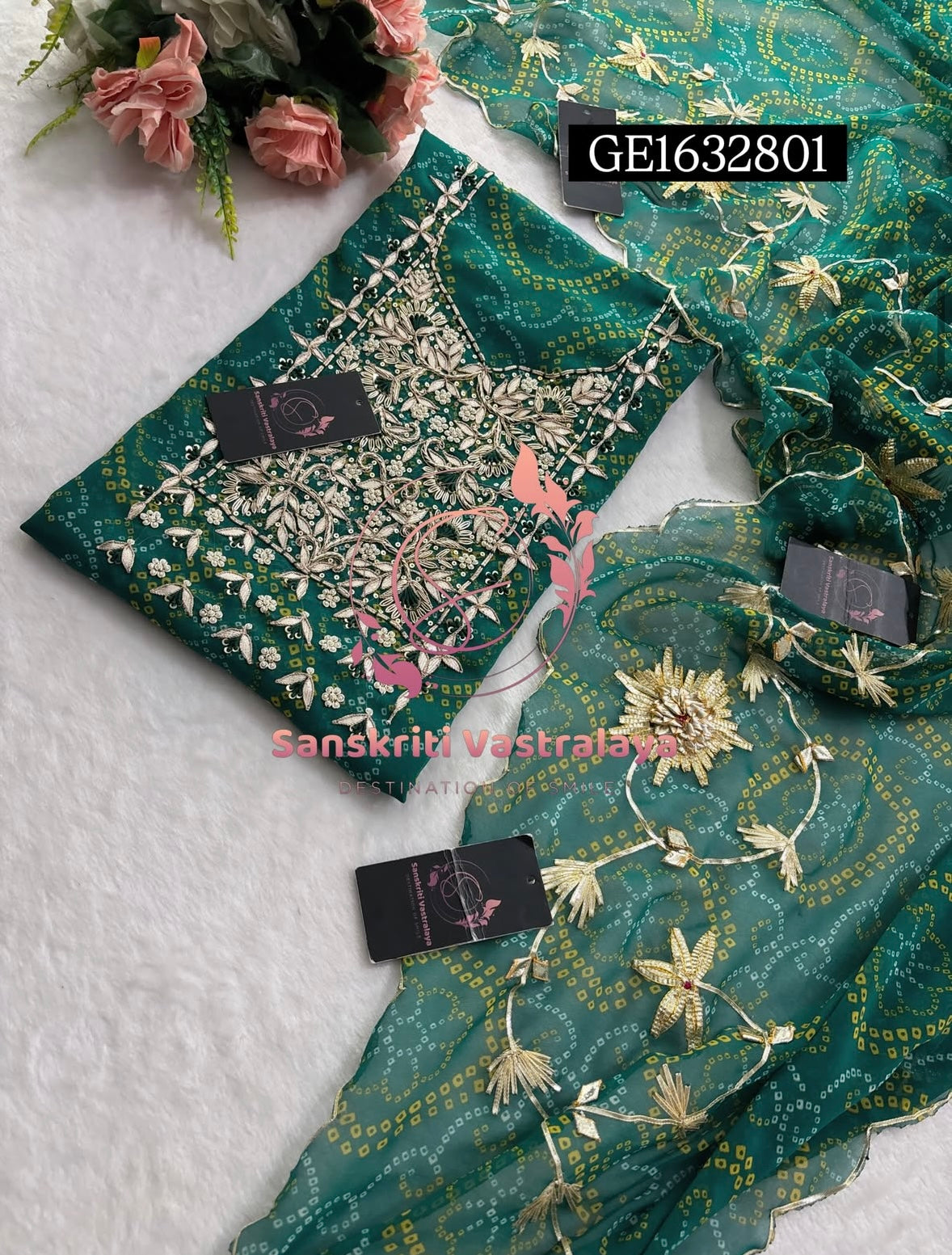 GEORGETTE Zardozi Handwork 3pc GREEN UNSTICHED Suit jaipuri GOTA PATTI  GE1632801