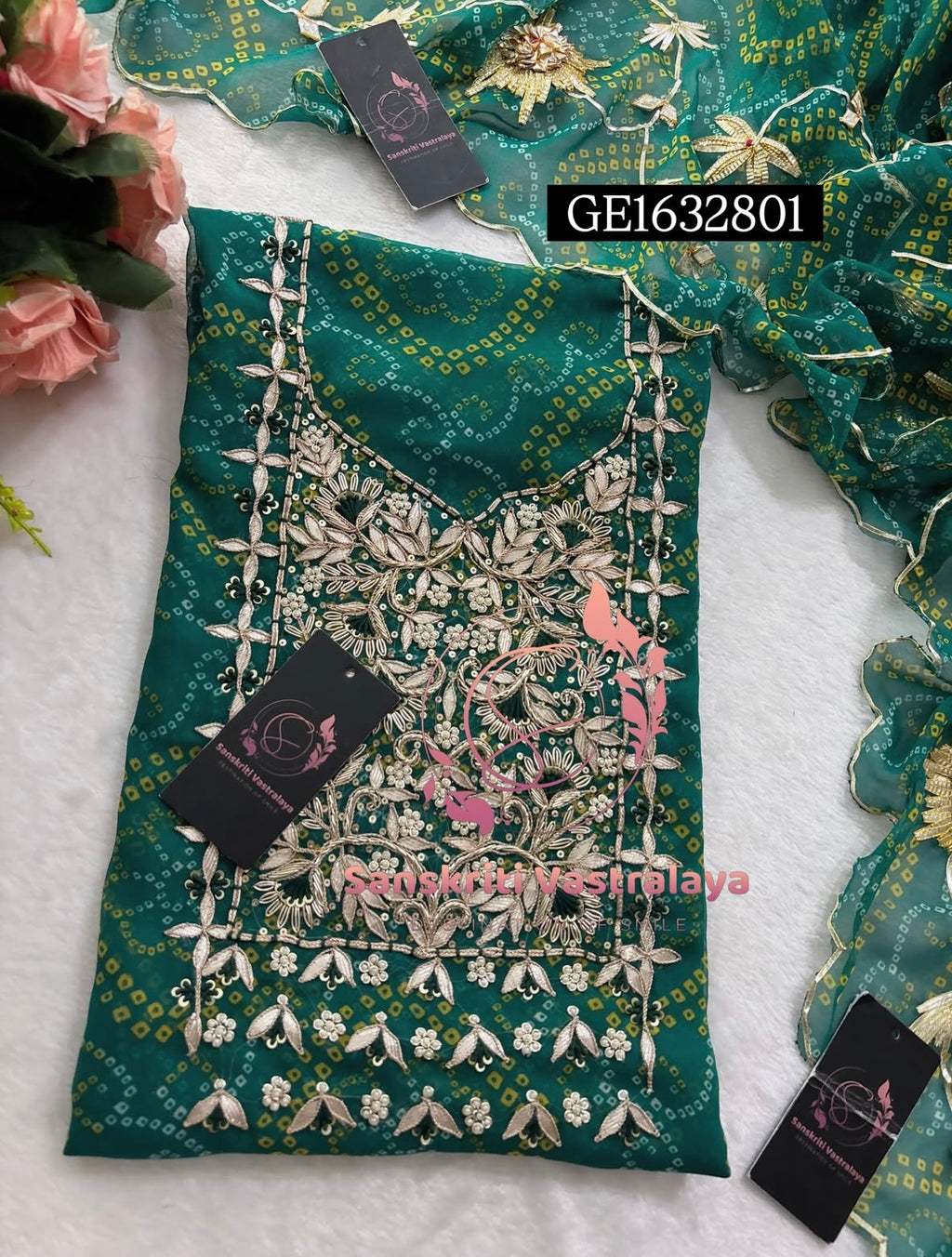 GEORGETTE Zardozi Handwork 3pc GREEN UNSTICHED Suit jaipuri GOTA PATTI  GE1632801