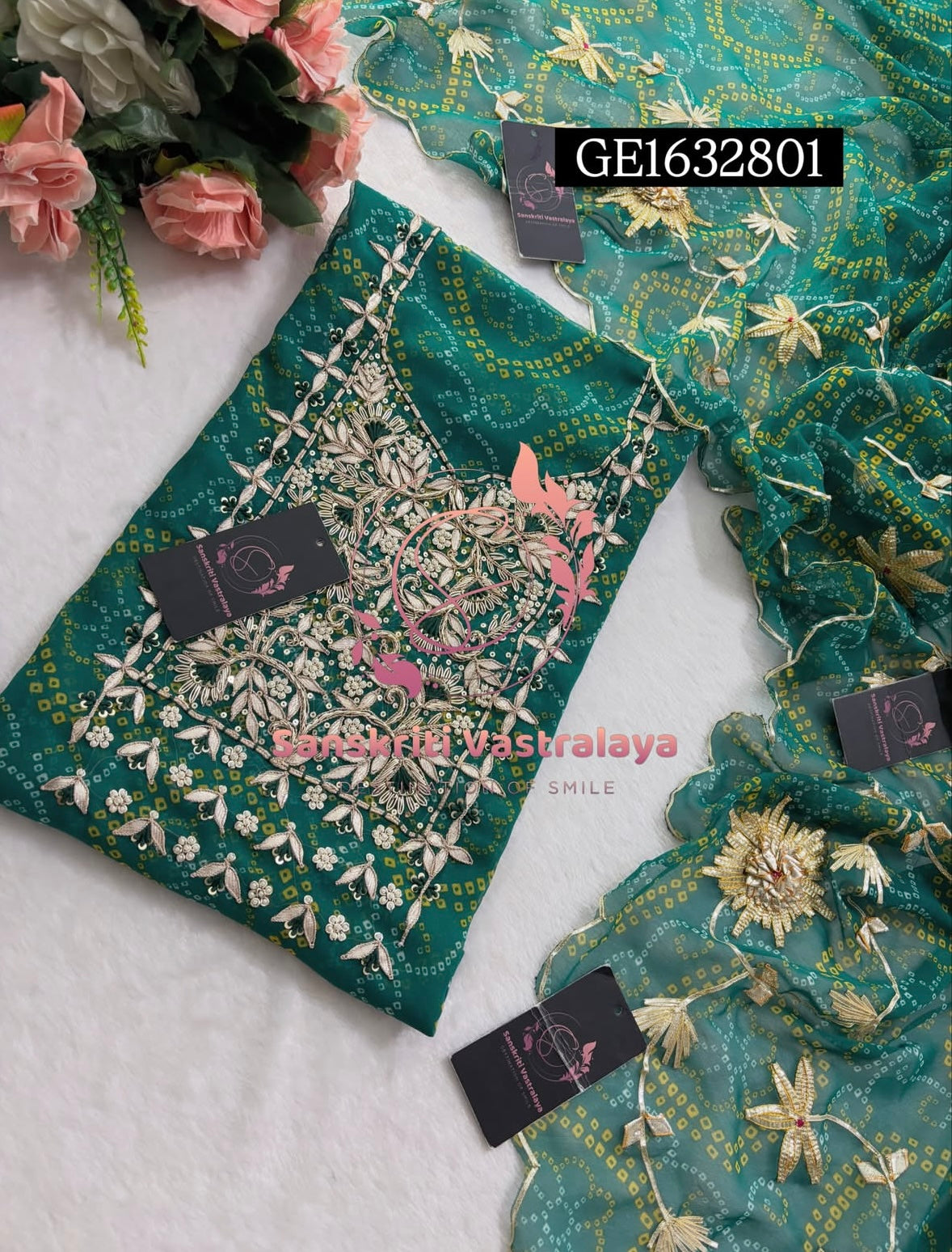 GEORGETTE Zardozi Handwork 3pc GREEN UNSTICHED Suit jaipuri GOTA PATTI  GE1632801
