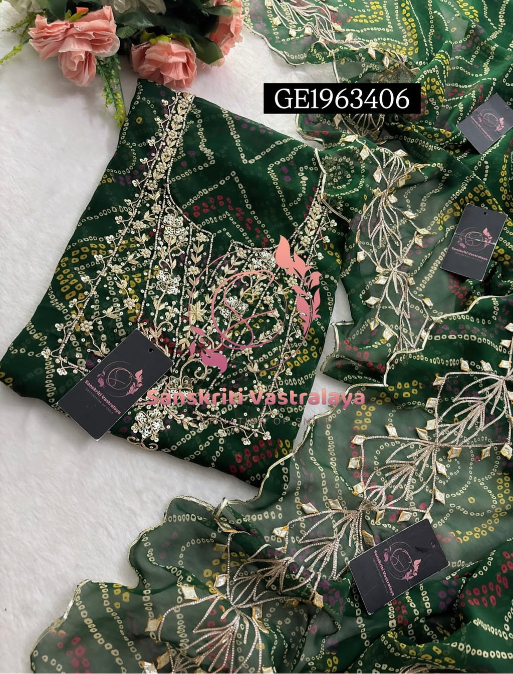 GEORGETTE Zardozi Handwork 3pc GREEN UNSTICHED Suit jaipuri GOTA PATTI  GE1963406