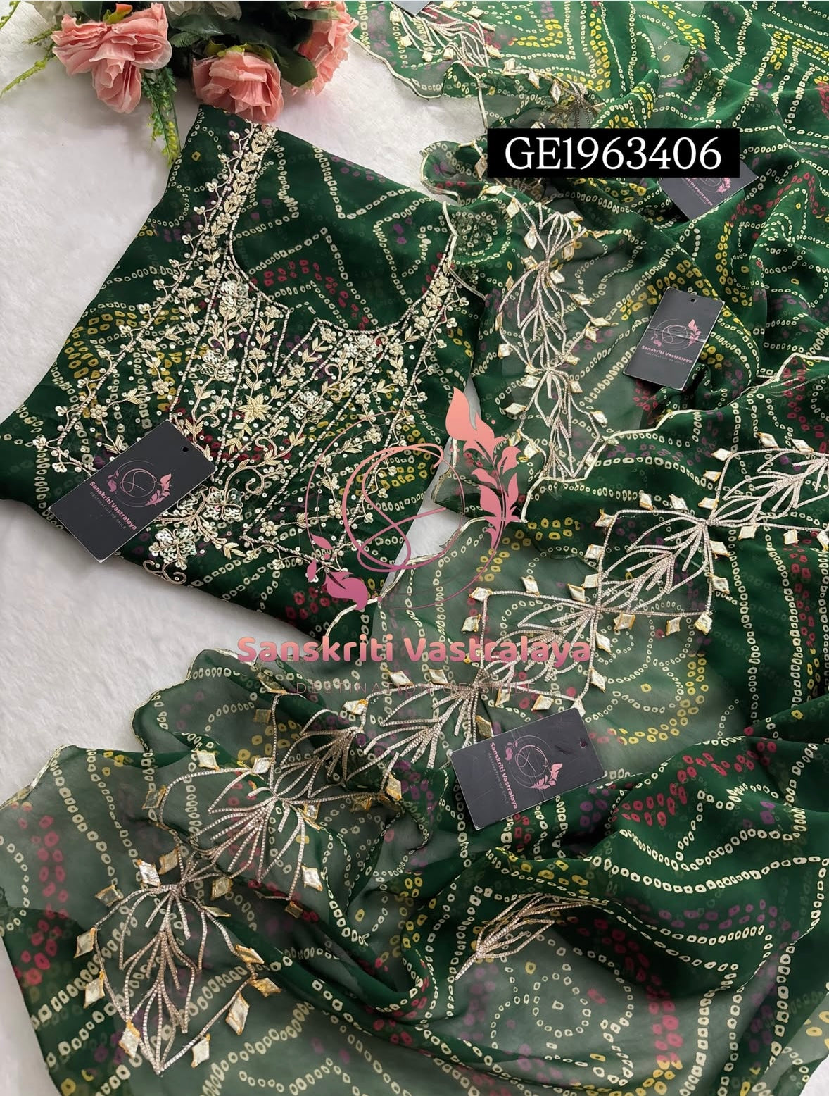 GEORGETTE Zardozi Handwork 3pc GREEN UNSTICHED Suit jaipuri GOTA PATTI  GE1963406