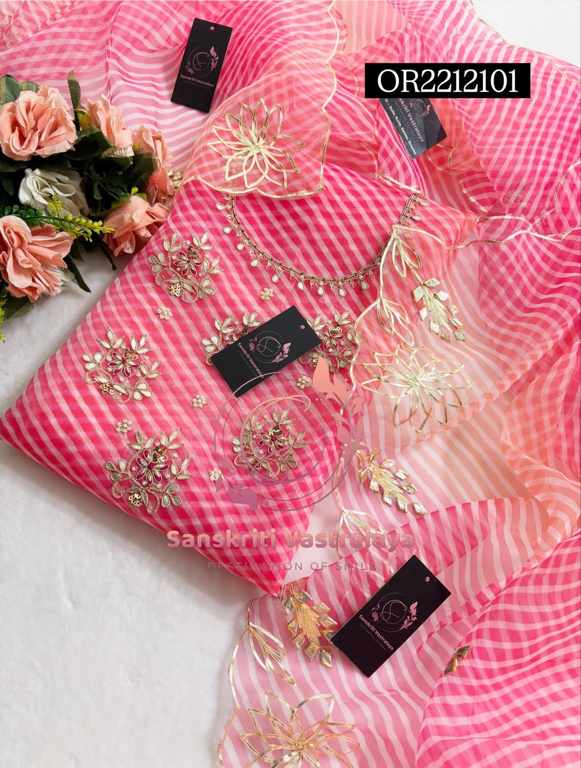 ORGANZA Zardogi Handwork 3pc multi orange pink UNSTICHED Suit jaipuri GOTA PATTI  OR2212101