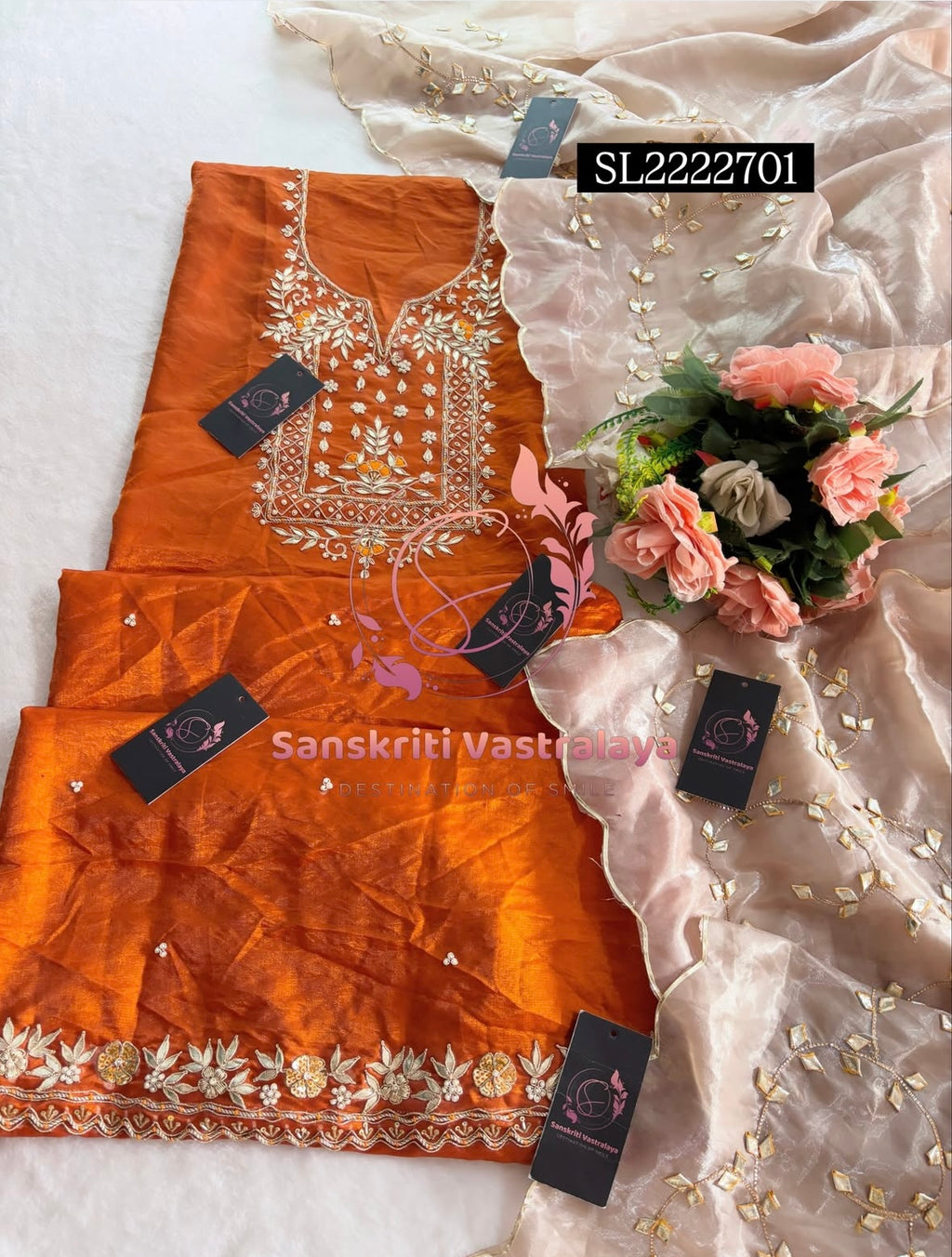 SPACE SILK Zardozi Handwork 3pc RUST COLOUR UNSTICHED Suit Jaipuri GOTA PATTI  SL2222701