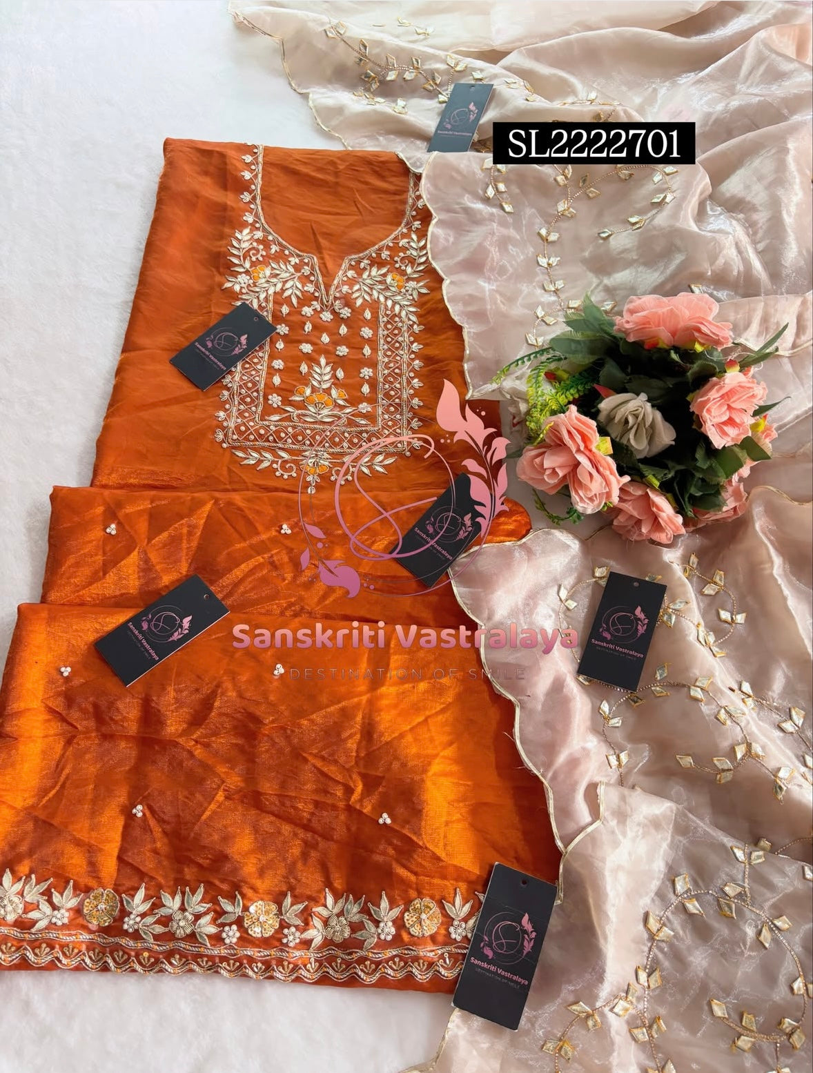 SPACE SILK Zardozi Handwork 3pc RUST COLOUR UNSTICHED Suit Jaipuri GOTA PATTI  SL2222701