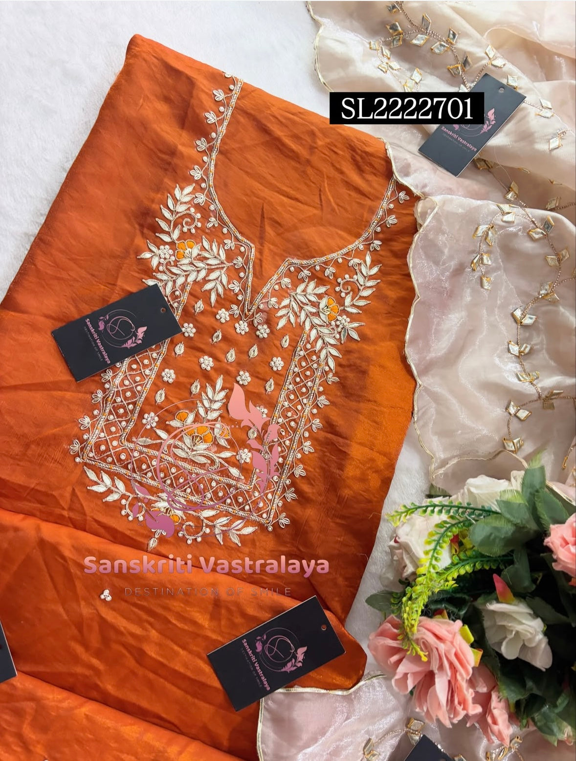 SPACE SILK Zardozi Handwork 3pc RUST COLOUR UNSTICHED Suit Jaipuri GOTA PATTI  SL2222701