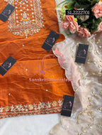 SPACE SILK Zardozi Handwork 3pc RUST COLOUR UNSTICHED Suit Jaipuri GOTA PATTI  SL2222701