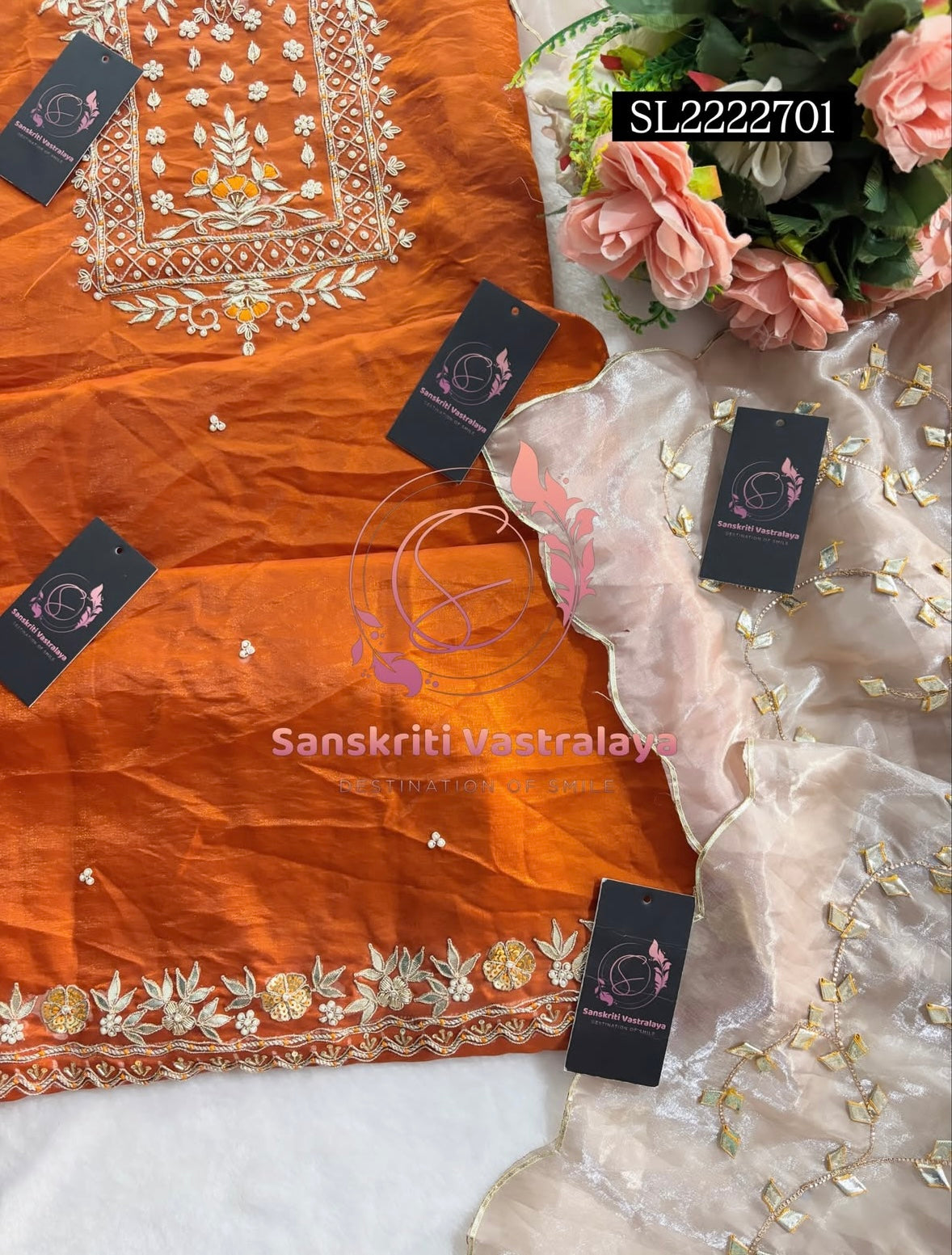 SPACE SILK Zardozi Handwork 3pc RUST COLOUR UNSTICHED Suit Jaipuri GOTA PATTI  SL2222701
