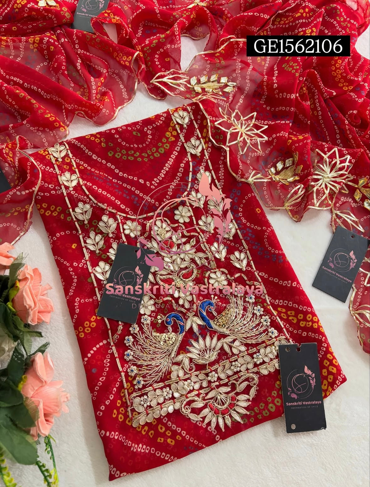 GEORGETTE Zardozi Handwork 3pc RED  UNSTICHED Suit jaipuri GOTA PATTI  GE1562106