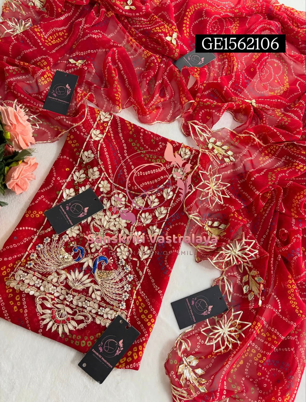 GEORGETTE Zardozi Handwork 3pc RED  UNSTICHED Suit jaipuri GOTA PATTI  GE1562106