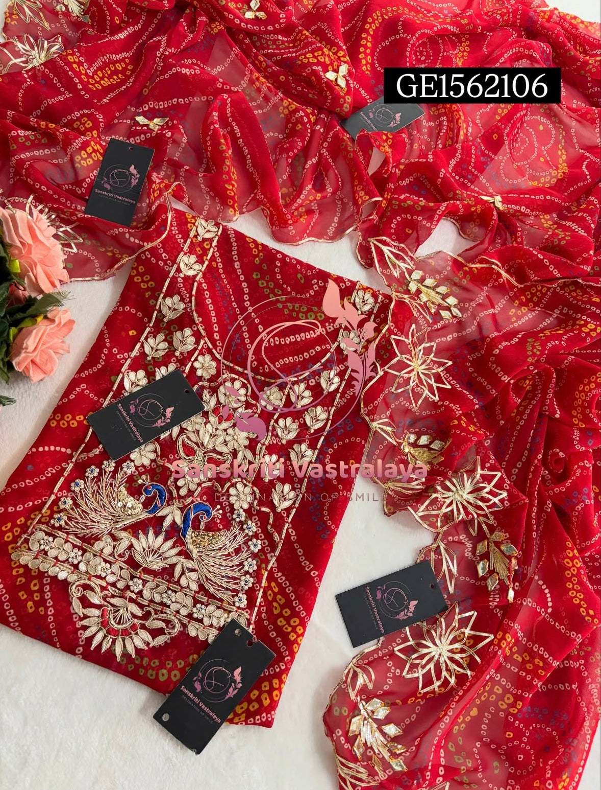 GEORGETTE Zardozi Handwork 3pc RED  UNSTICHED Suit jaipuri GOTA PATTI  GE1562106