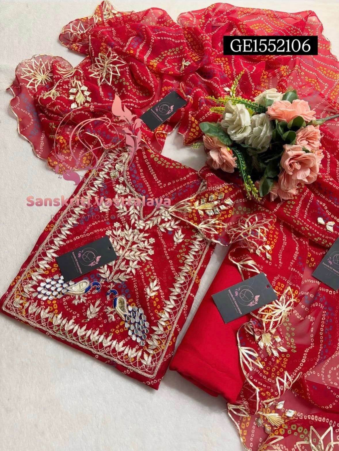 Georgette Bandhani Suit with Zardozi Handwork In Traditional Red colour ge1552106